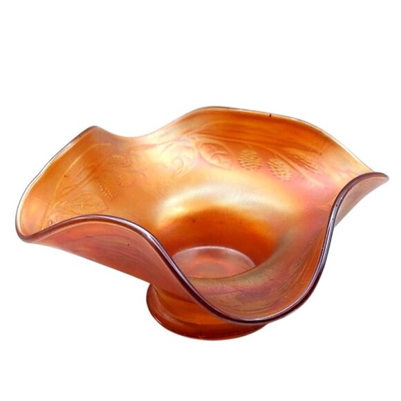 Antique Fenton Blackberry Spray Marigold Carnival Glass Ruffled Footed Bowl 1216 - Picture 2 of 7